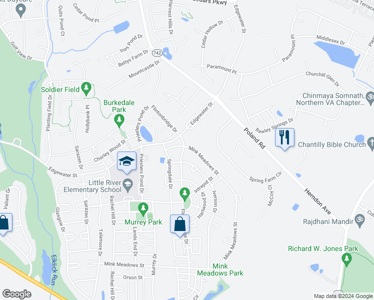 map of restaurants, bars, coffee shops, grocery stores, and more near 25860 Flintonbridge Drive in Chantilly