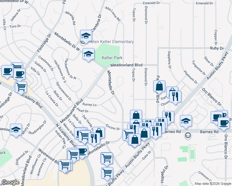 map of restaurants, bars, coffee shops, grocery stores, and more near 4765 Montebello Drive in Colorado Springs