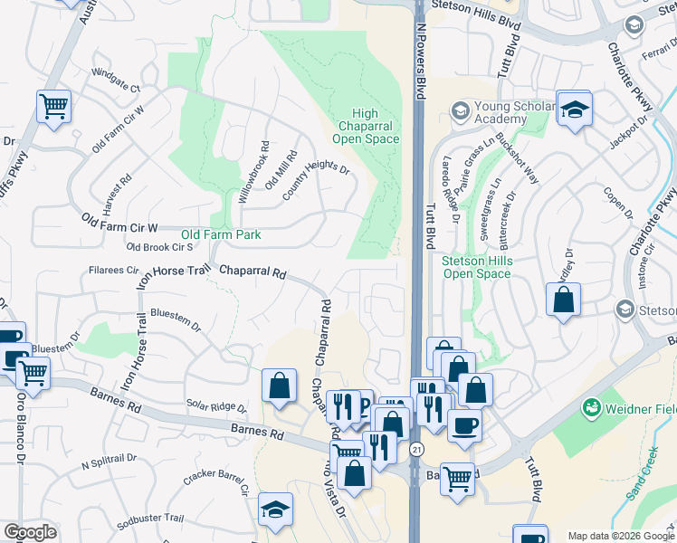 map of restaurants, bars, coffee shops, grocery stores, and more near 4779 Yarrow Place in Colorado Springs