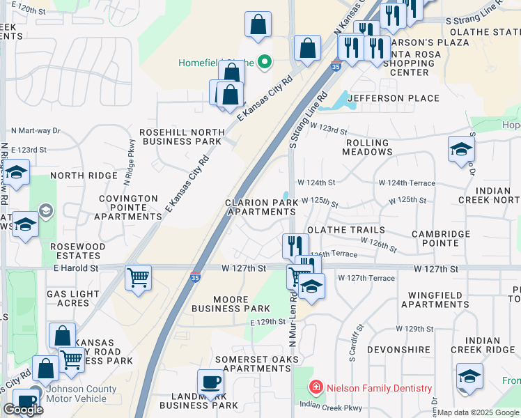 map of restaurants, bars, coffee shops, grocery stores, and more near 16600 West 126th Street in Olathe