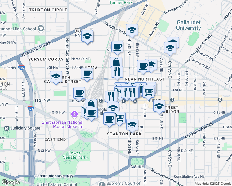 map of restaurants, bars, coffee shops, grocery stores, and more near 225 I Street Northeast in Washington
