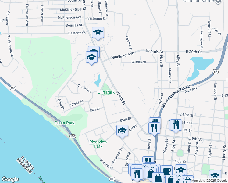 map of restaurants, bars, coffee shops, grocery stores, and more near 1230 West 9th Street in Alton