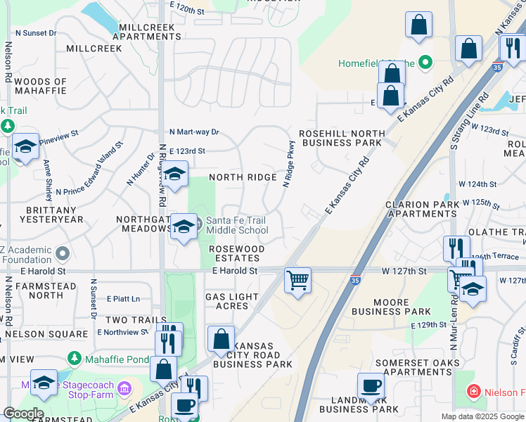 map of restaurants, bars, coffee shops, grocery stores, and more near 1554 East 125th Street in Olathe