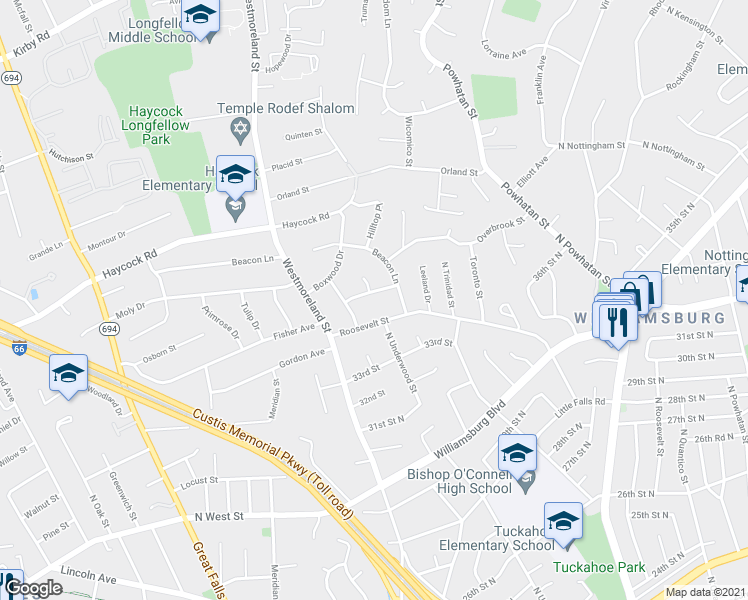 map of restaurants, bars, coffee shops, grocery stores, and more near 6517 Elmhirst Drive in Falls Church