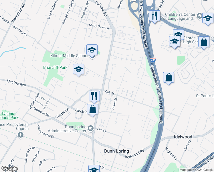 map of restaurants, bars, coffee shops, grocery stores, and more near 2210 Harithy Drive in Dunn Loring