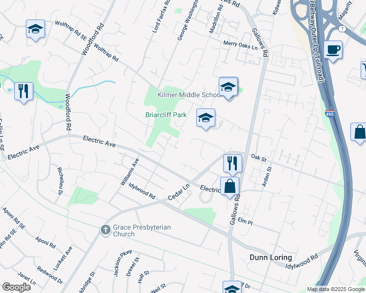 map of restaurants, bars, coffee shops, grocery stores, and more near 8230 Bell Lane in Vienna