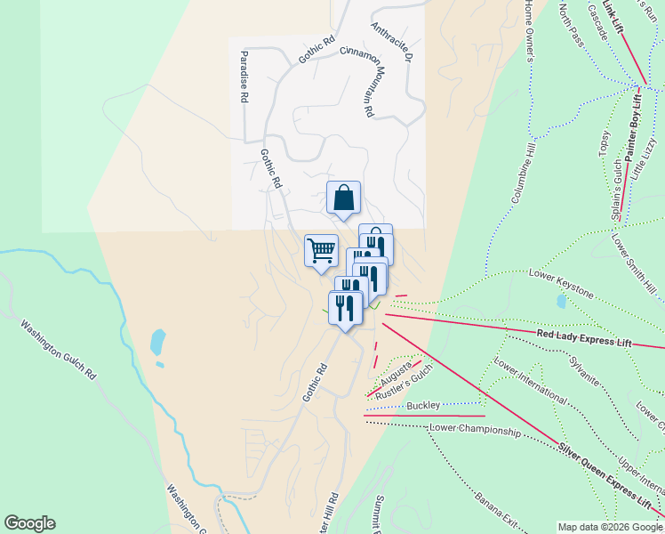 map of restaurants, bars, coffee shops, grocery stores, and more near 6 Emmons Road in Crested Butte