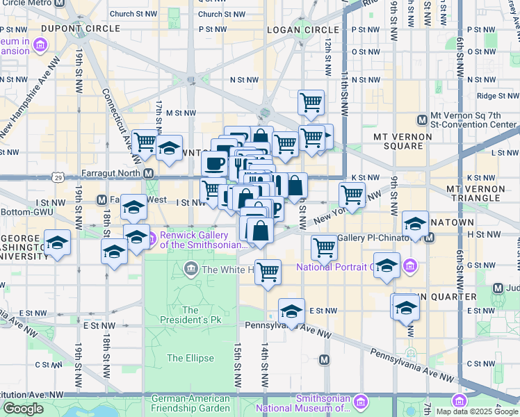 map of restaurants, bars, coffee shops, grocery stores, and more near 1406 I Street Northwest in Washington