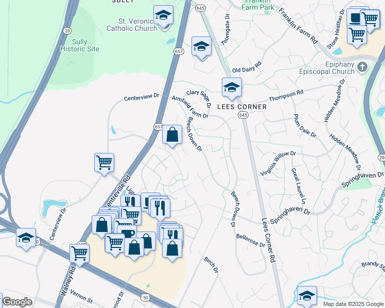 map of restaurants, bars, coffee shops, grocery stores, and more near 13731 Rosetree Ct in Chantilly