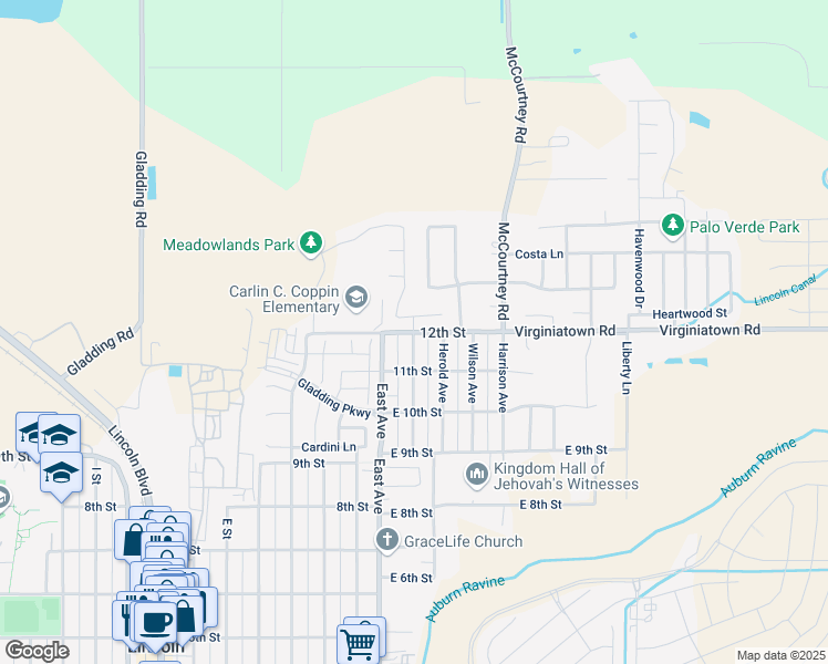 map of restaurants, bars, coffee shops, grocery stores, and more near 12th Street in Lincoln