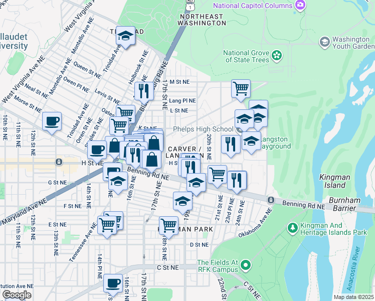 map of restaurants, bars, coffee shops, grocery stores, and more near 1812 H Place Northeast in Washington