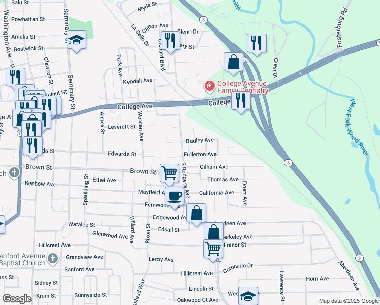 map of restaurants, bars, coffee shops, grocery stores, and more near 3406 Fullerton Avenue in Alton