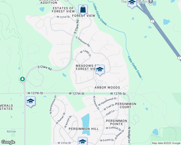 map of restaurants, bars, coffee shops, grocery stores, and more near 23689 West 125th Street in Olathe