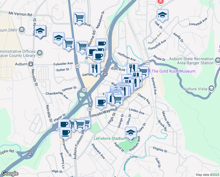 map of restaurants, bars, coffee shops, grocery stores, and more near 153 Kenmass Avenue in Auburn