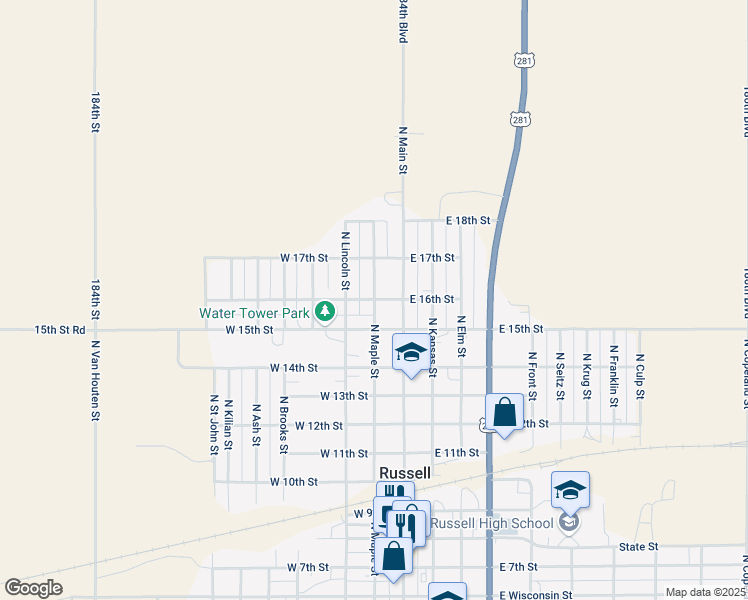 map of restaurants, bars, coffee shops, grocery stores, and more near 200 West 16th Street in Russell