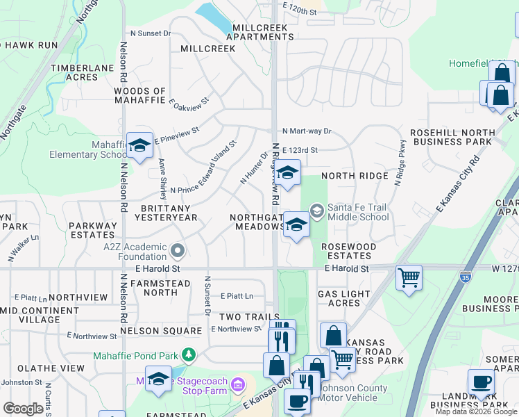 map of restaurants, bars, coffee shops, grocery stores, and more near 1309 North Annie Street in Olathe