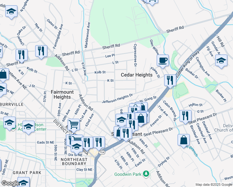 map of restaurants, bars, coffee shops, grocery stores, and more near 807 Cedar Heights Drive in Capitol Heights