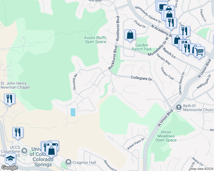 map of restaurants, bars, coffee shops, grocery stores, and more near 4763 Julliard Dr in Colorado Springs