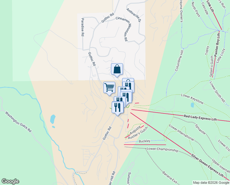 map of restaurants, bars, coffee shops, grocery stores, and more near 6 Emmons Road in Crested Butte