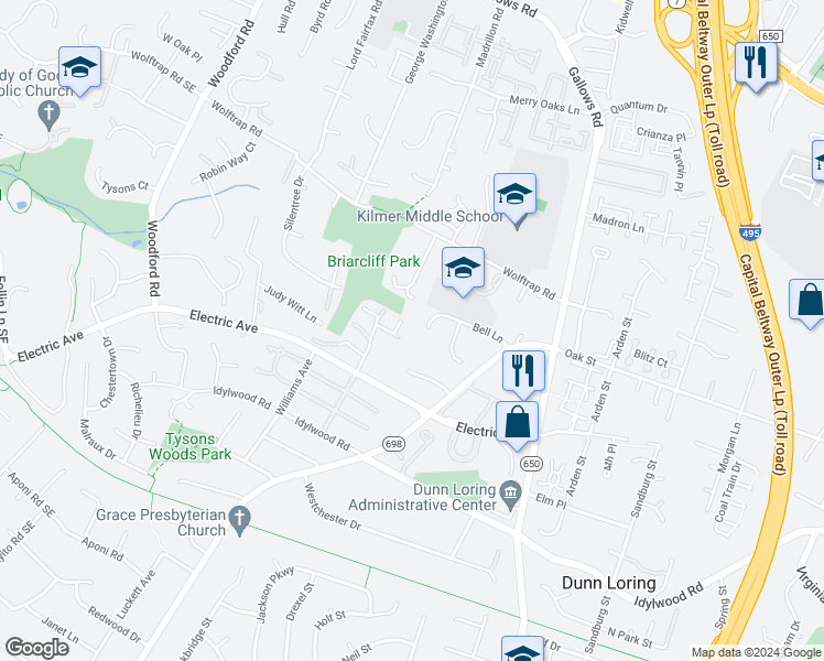 map of restaurants, bars, coffee shops, grocery stores, and more near 8230 Bell Lane in Vienna