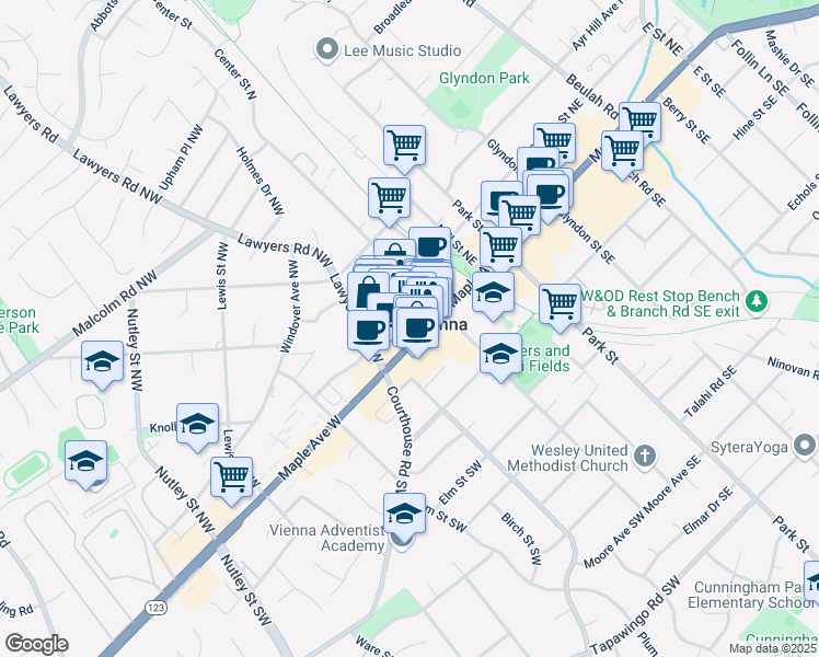 map of restaurants, bars, coffee shops, grocery stores, and more near 131 Maple Avenue East in Vienna