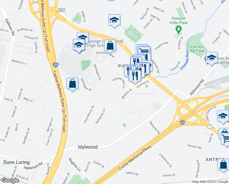 map of restaurants, bars, coffee shops, grocery stores, and more near 2212 Los Pueblos Lane in Falls Church