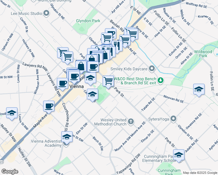 map of restaurants, bars, coffee shops, grocery stores, and more near 207 Park Street Northeast in Vienna
