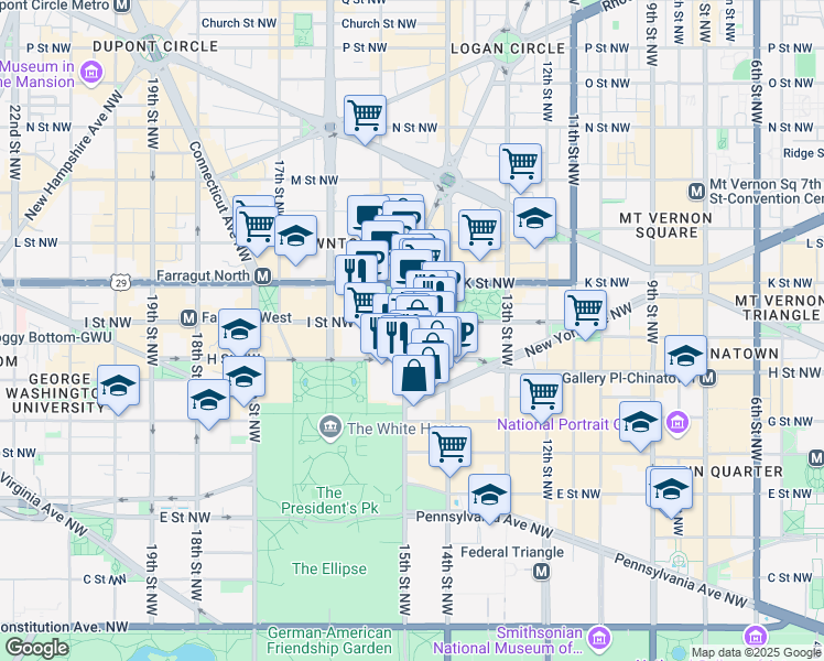map of restaurants, bars, coffee shops, grocery stores, and more near 875 15th Street Northwest in Washington
