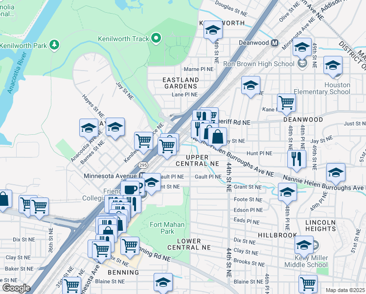 map of restaurants, bars, coffee shops, grocery stores, and more near 4201 Minnesota Avenue Northeast in Washington