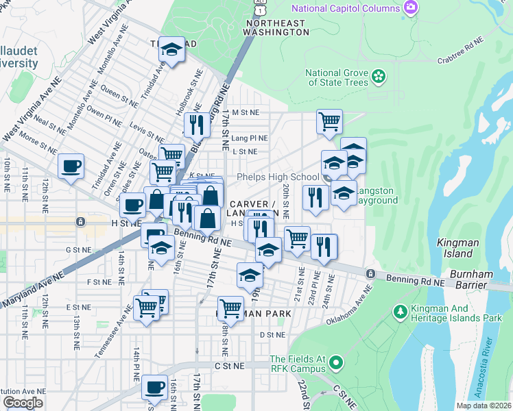 map of restaurants, bars, coffee shops, grocery stores, and more near 101 Independence Avenue Southeast in Washington
