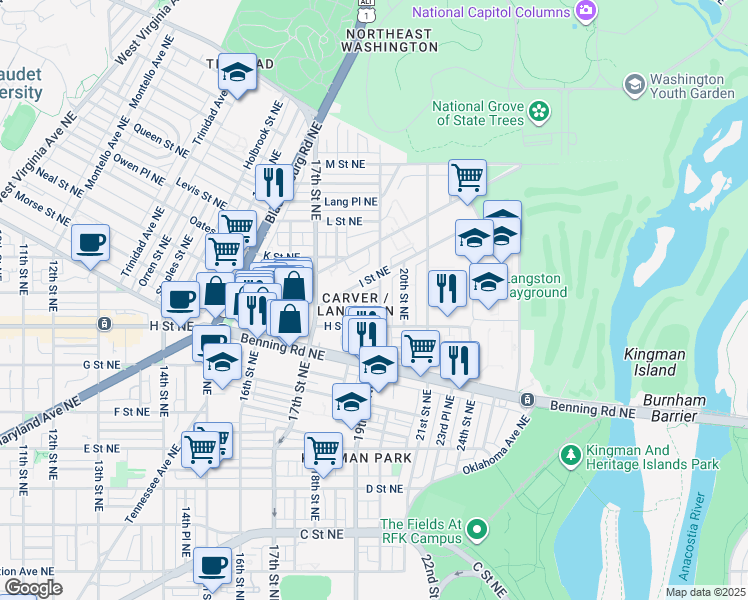 map of restaurants, bars, coffee shops, grocery stores, and more near 834 19th Street Northeast in Washington
