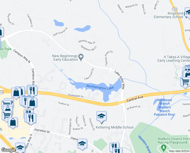 map of restaurants, bars, coffee shops, grocery stores, and more near 11302 Lake Front Court in Bowie