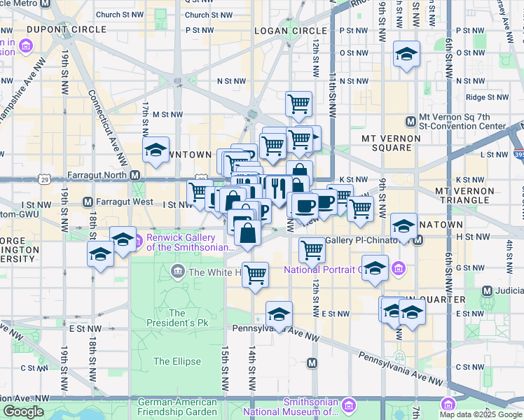 map of restaurants, bars, coffee shops, grocery stores, and more near 1350 I Street Northwest in Washington