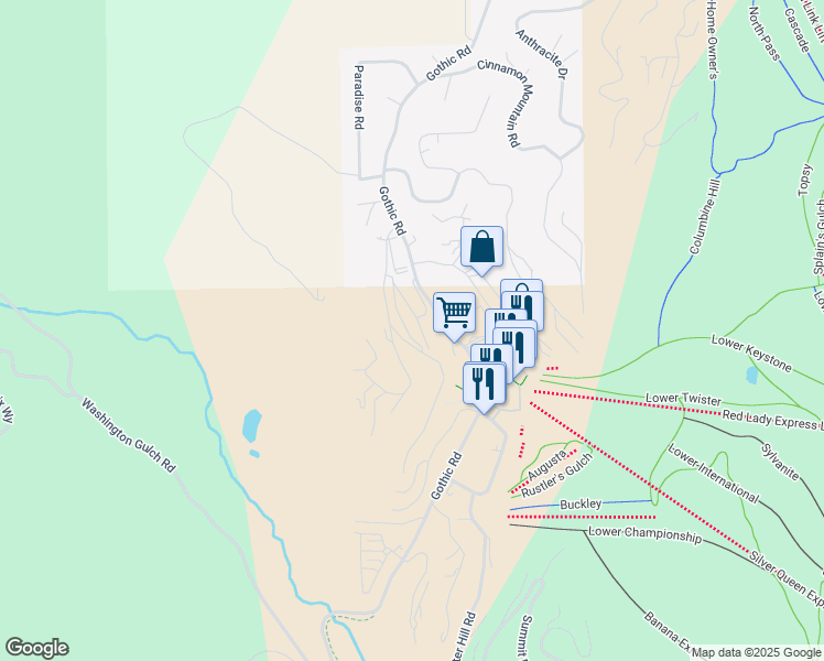 map of restaurants, bars, coffee shops, grocery stores, and more near 20 Marcellina Lane in Crested Butte