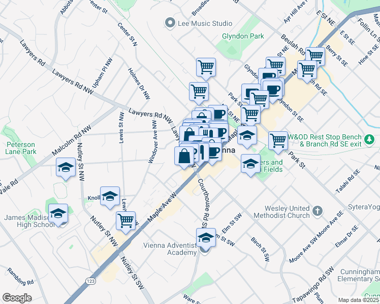 map of restaurants, bars, coffee shops, grocery stores, and more near 145 Church Street Northwest in Vienna