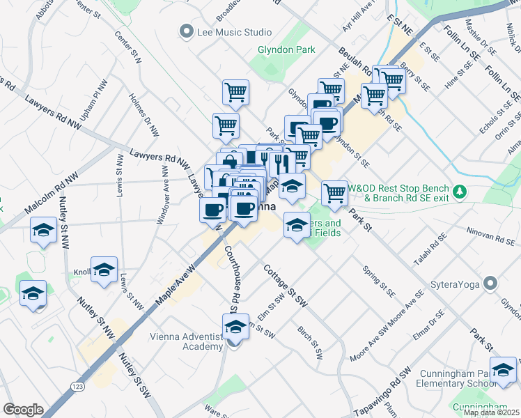 map of restaurants, bars, coffee shops, grocery stores, and more near 102 Maple Avenue West in Vienna
