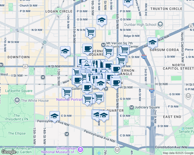 map of restaurants, bars, coffee shops, grocery stores, and more near 801 I Street Northwest in Washington