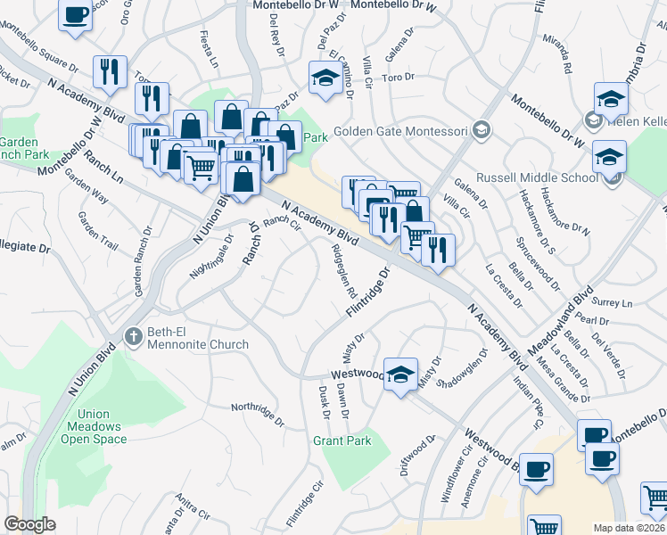 map of restaurants, bars, coffee shops, grocery stores, and more near 4644 Ridgeglen Road in Colorado Springs