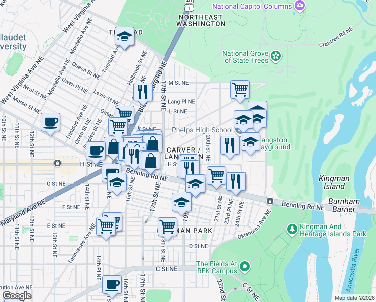map of restaurants, bars, coffee shops, grocery stores, and more near 101 Independence Avenue Southeast in Washington