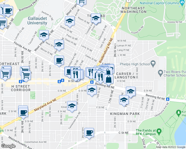 map of restaurants, bars, coffee shops, grocery stores, and more near 101 Independence Avenue Southeast in Washington