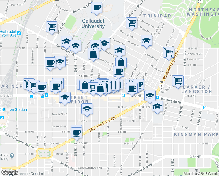 map of restaurants, bars, coffee shops, grocery stores, and more near 101 Independence Avenue Southeast in Washington
