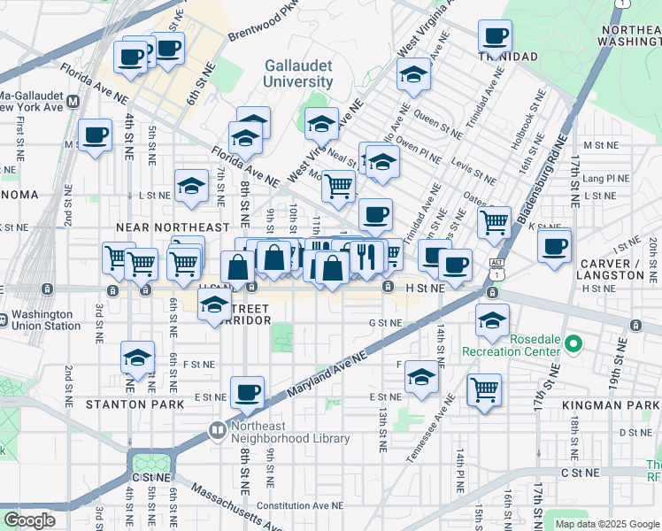 map of restaurants, bars, coffee shops, grocery stores, and more near 101 Independence Avenue Southeast in Washington