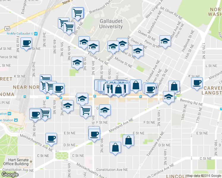 map of restaurants, bars, coffee shops, grocery stores, and more near 101 Independence Avenue Southeast in Washington