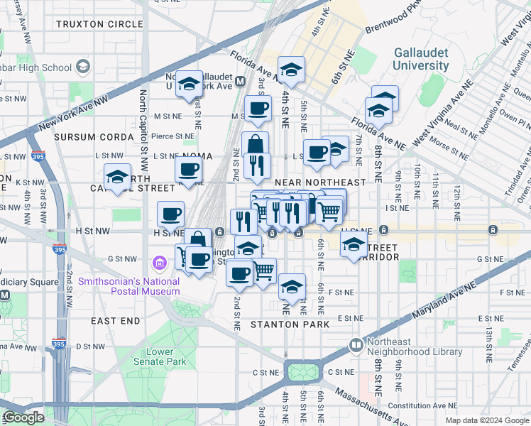 map of restaurants, bars, coffee shops, grocery stores, and more near 101 Independence Avenue Southeast in Washington