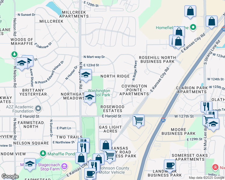 map of restaurants, bars, coffee shops, grocery stores, and more near 1290 North Mart-way Drive in Olathe