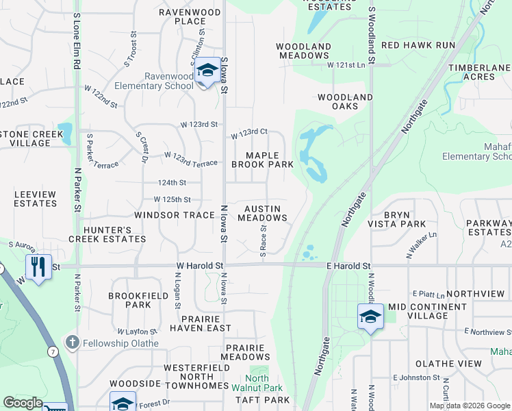 map of restaurants, bars, coffee shops, grocery stores, and more near 20619 West 125th Terrace in Olathe