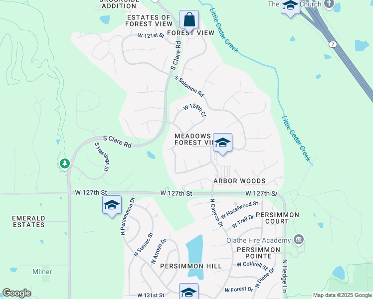 map of restaurants, bars, coffee shops, grocery stores, and more near 23807 West 125th Street in Olathe