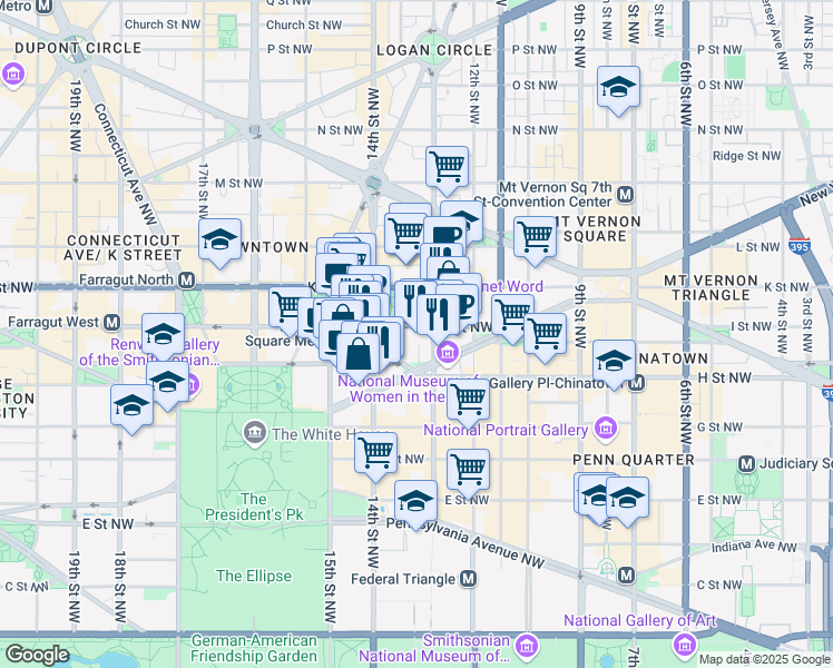 map of restaurants, bars, coffee shops, grocery stores, and more near 1300 I Street Northwest in Washington