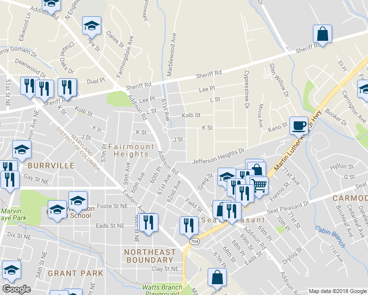map of restaurants, bars, coffee shops, grocery stores, and more near 6118 Jost Street in Fairmount Heights
