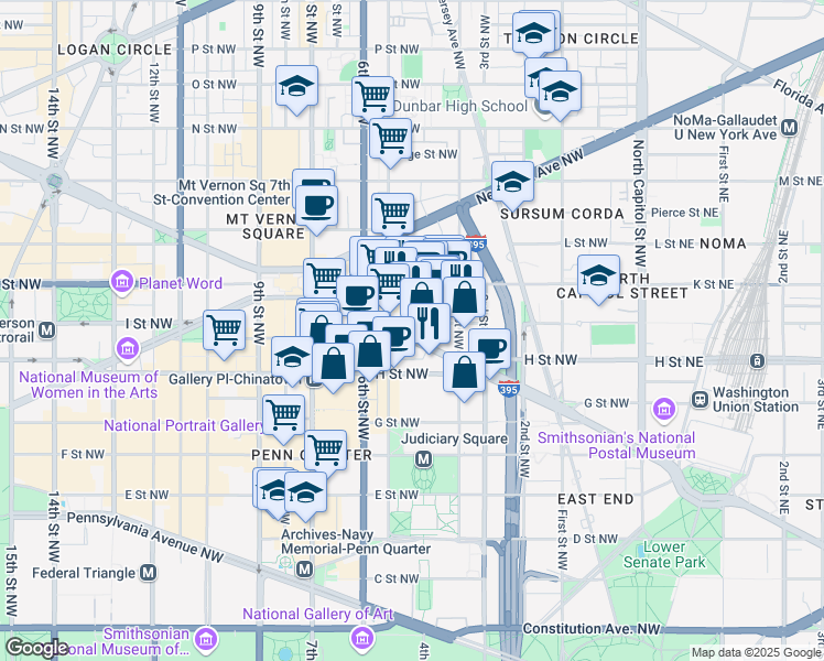 map of restaurants, bars, coffee shops, grocery stores, and more near 459 Massachusetts Avenue Northwest in Washington